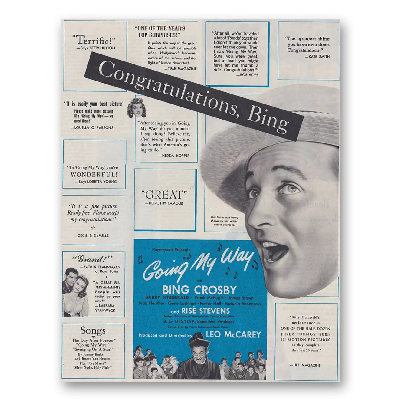 1944 Going My Way Movie Promo Bing Crosby Congratulations Vintage Magazine Print Ad