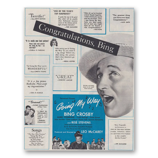 1944 Going My Way Movie Promo Bing Crosby Congratulations Vintage Magazine Print Ad