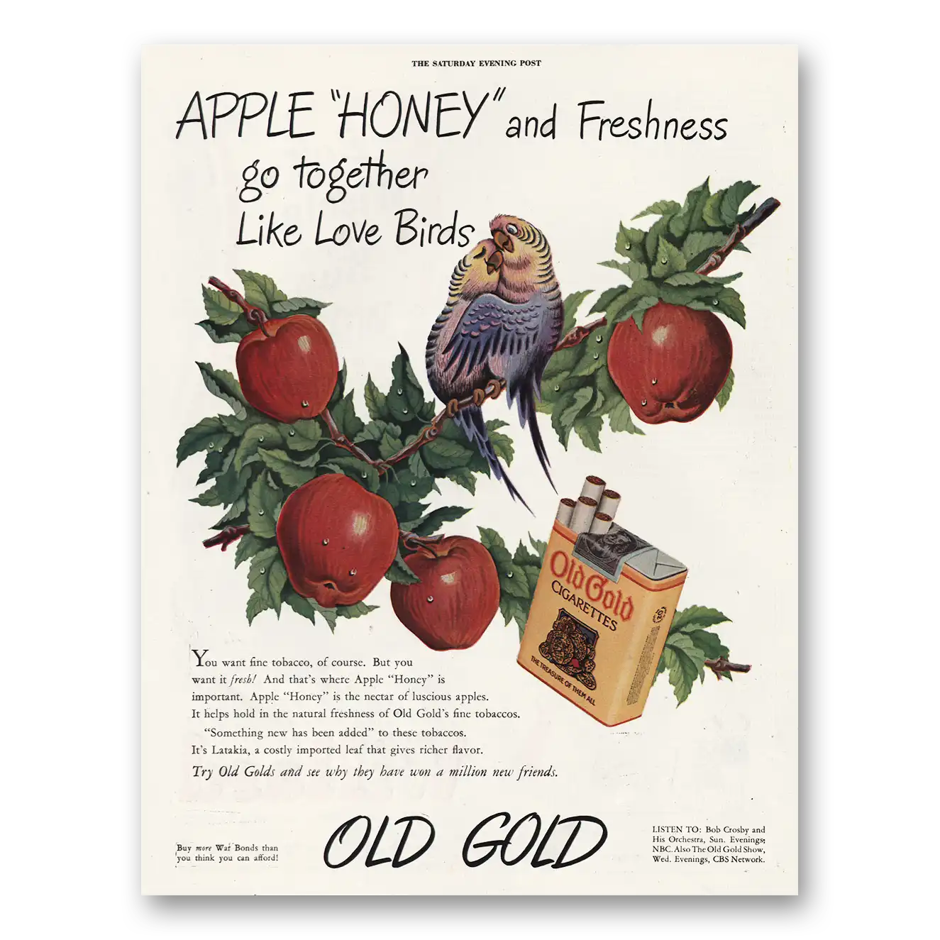 1944 Old Gold Cigarettes Apple Honey and Freshness Vintage Magazine Print Ad