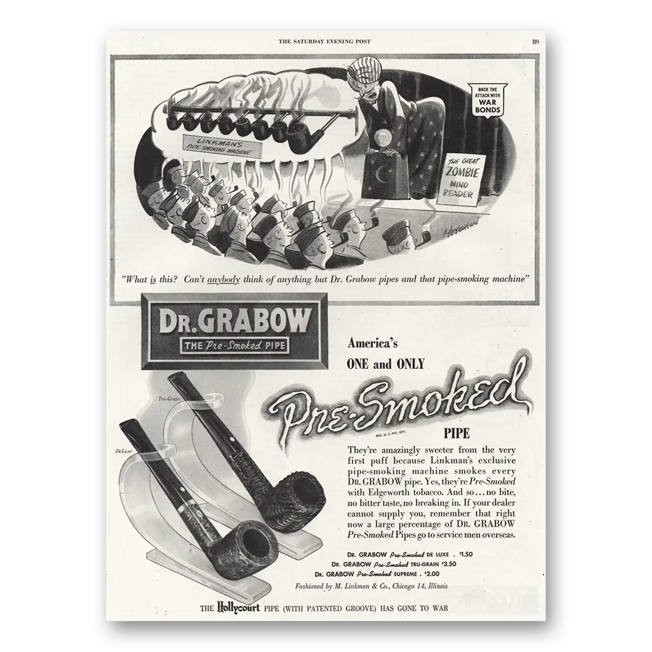 1944 Dr Grabow Pipes One and Only Pre Smoked Pipe Vintage Magazine Print Ad