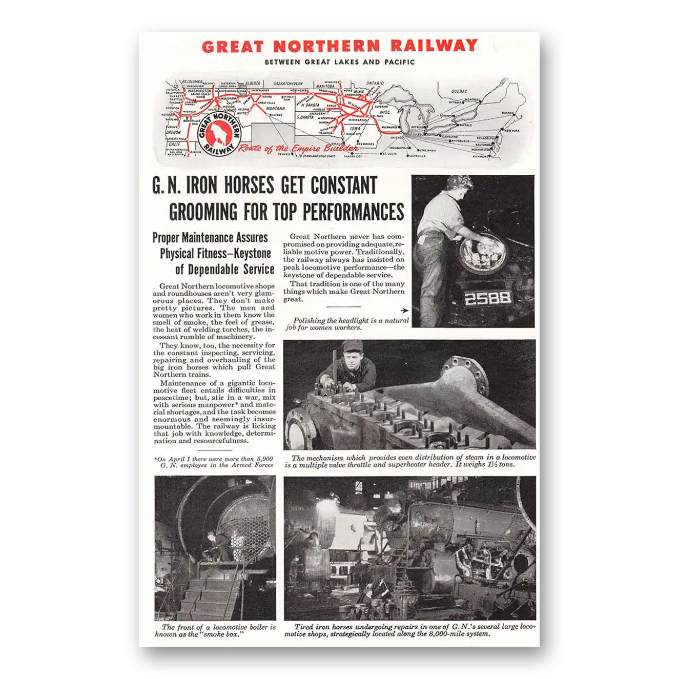 1944 Great Northern Railway Iron Horses Get Consistent Vintage Magazine Print Ad