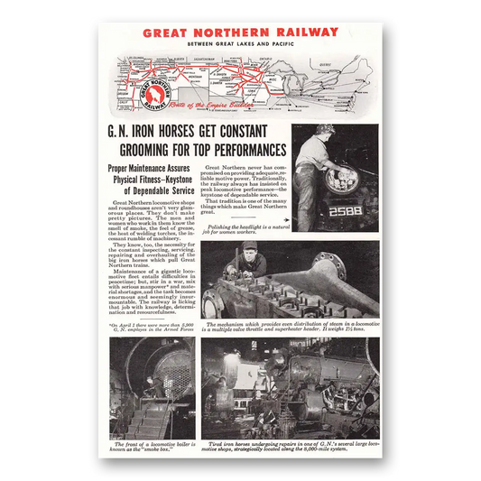 1944 Great Northern Railway Iron Horses Get Consistent Vintage Magazine Print Ad