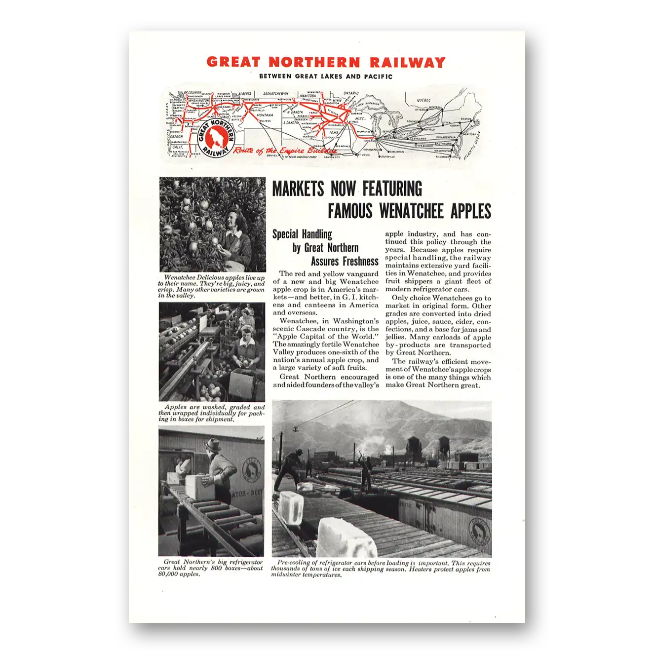 1944 Great Northern Railway Markets now Featuring Wenatchee Apples Vintage Magazine Print Ad