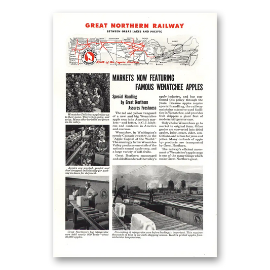 1944 Great Northern Railway Markets now Featuring Wenatchee Apples Vintage Magazine Print Ad