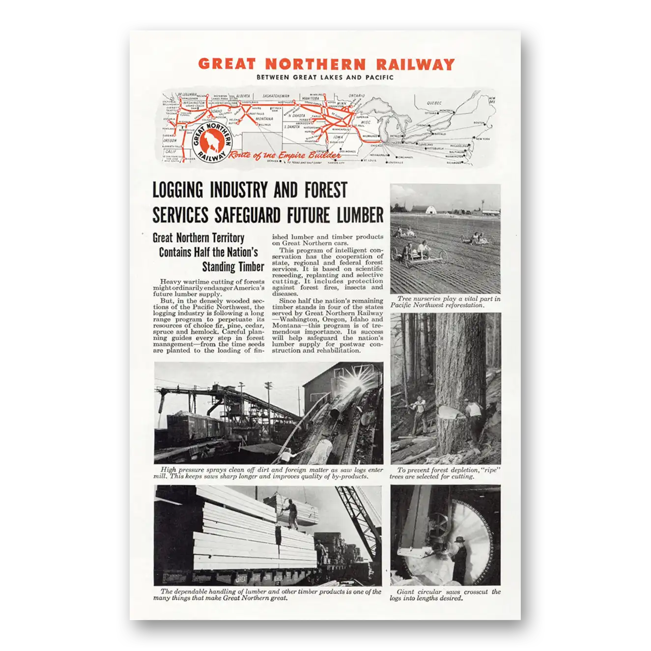 1944 Great Northern Railway Logging Industry and Forest Vintage Magazine Print Ad