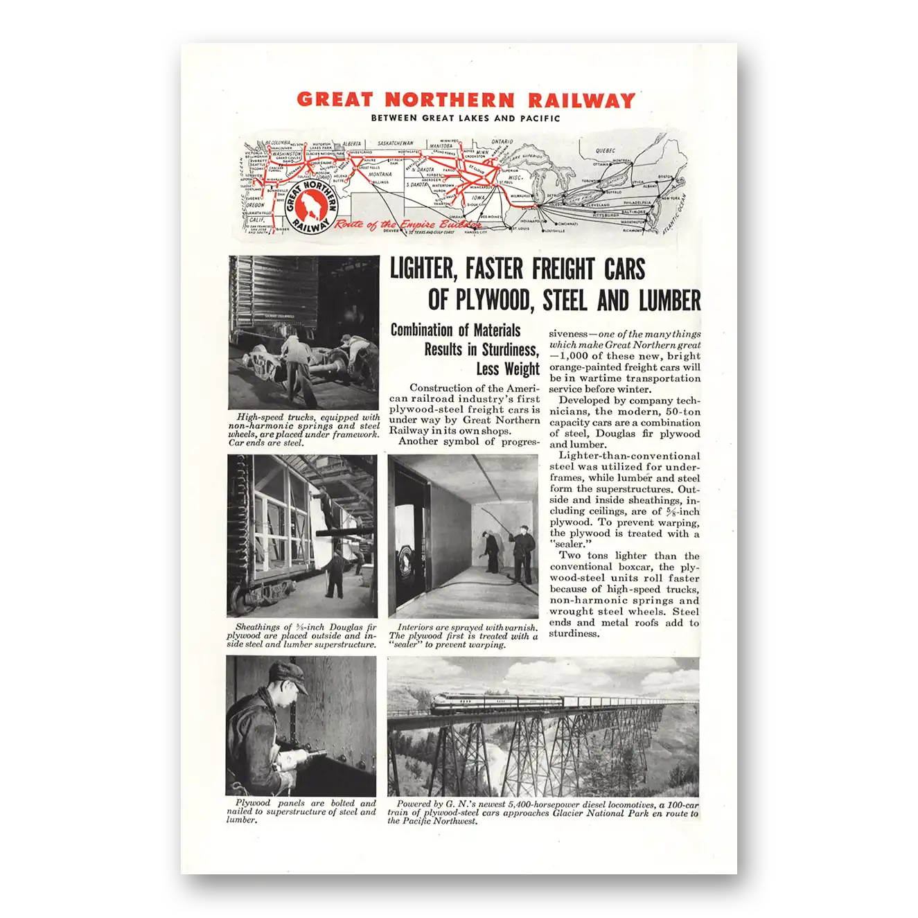 1944 Great Northern Railway Lighter Faster Freight Cars of Plywood Steel and Lumber Vintage Magazine Print Ad