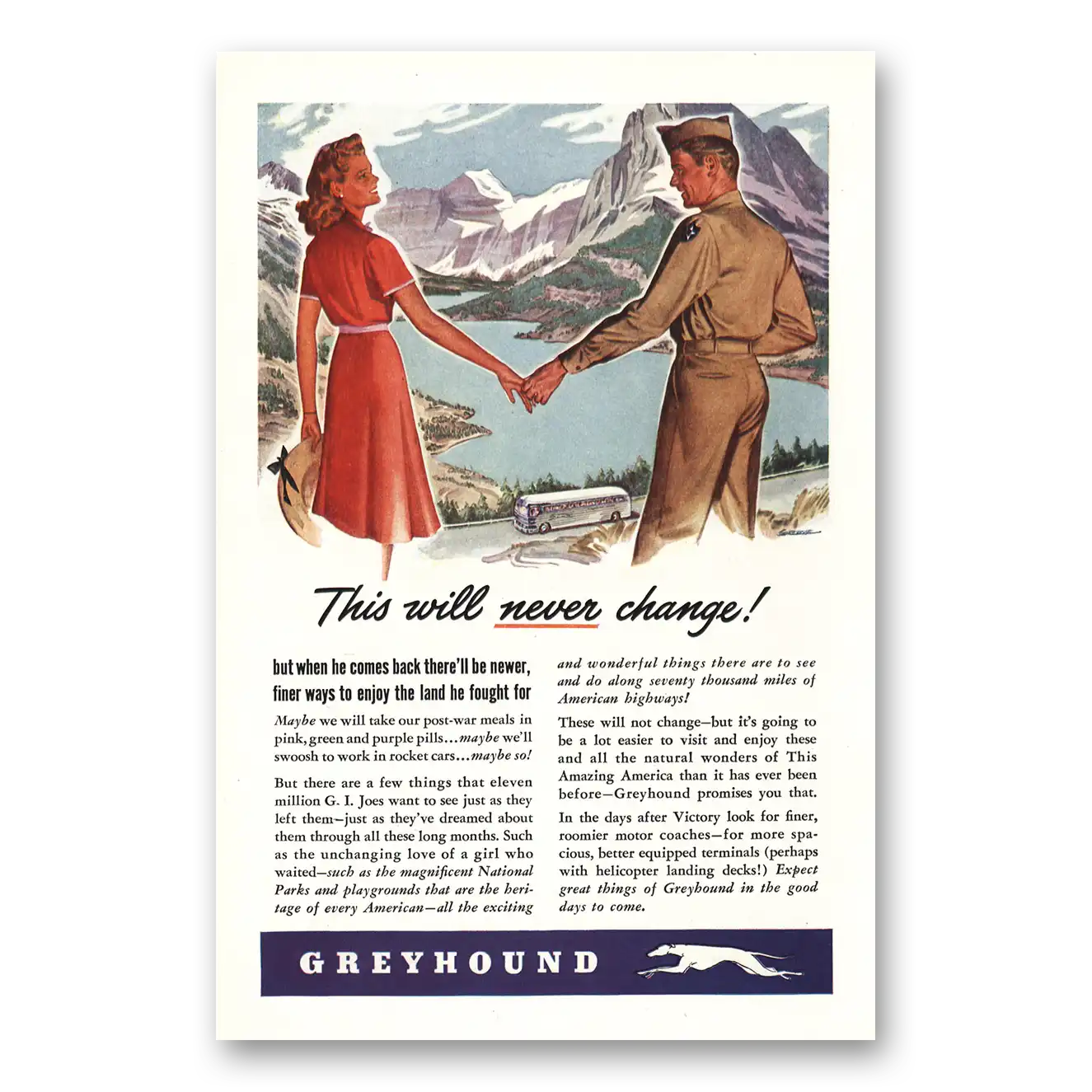 1944 Greyhound This Will Never Change Vintage Magazine Print Ad