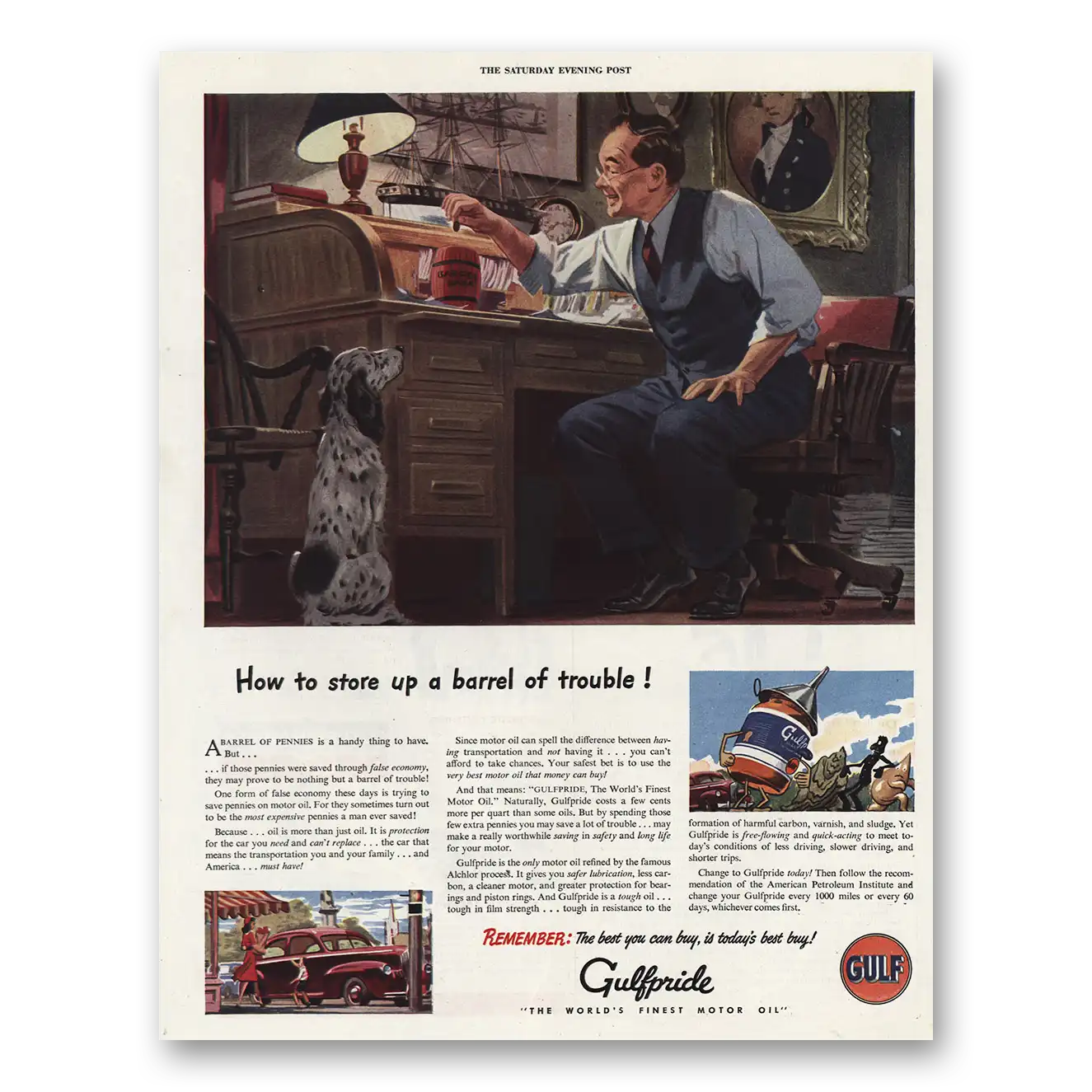 1944 Gulf Oil Store Up a Bottle of Trouble Vintage Magazine Print Ad