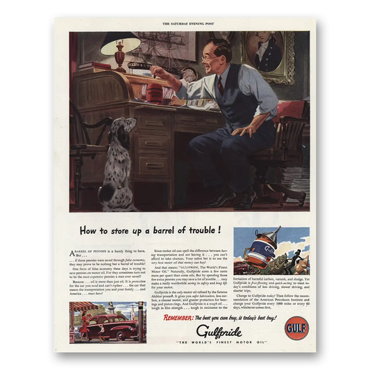 1944 Gulf Oil Store Up a Bottle of Trouble Vintage Magazine Print Ad