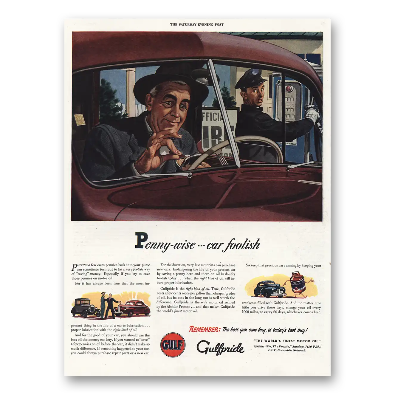 1944 Gulf Oil Penny Wise Car Foolish Vintage Magazine Print Ad