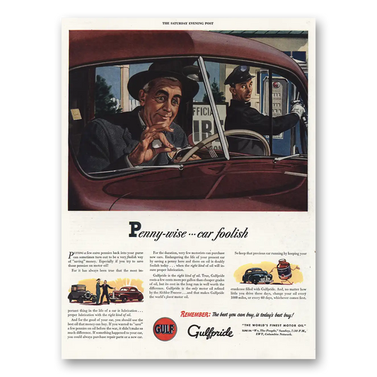 1944 Gulf Oil Penny Wise Car Foolish Vintage Magazine Print Ad