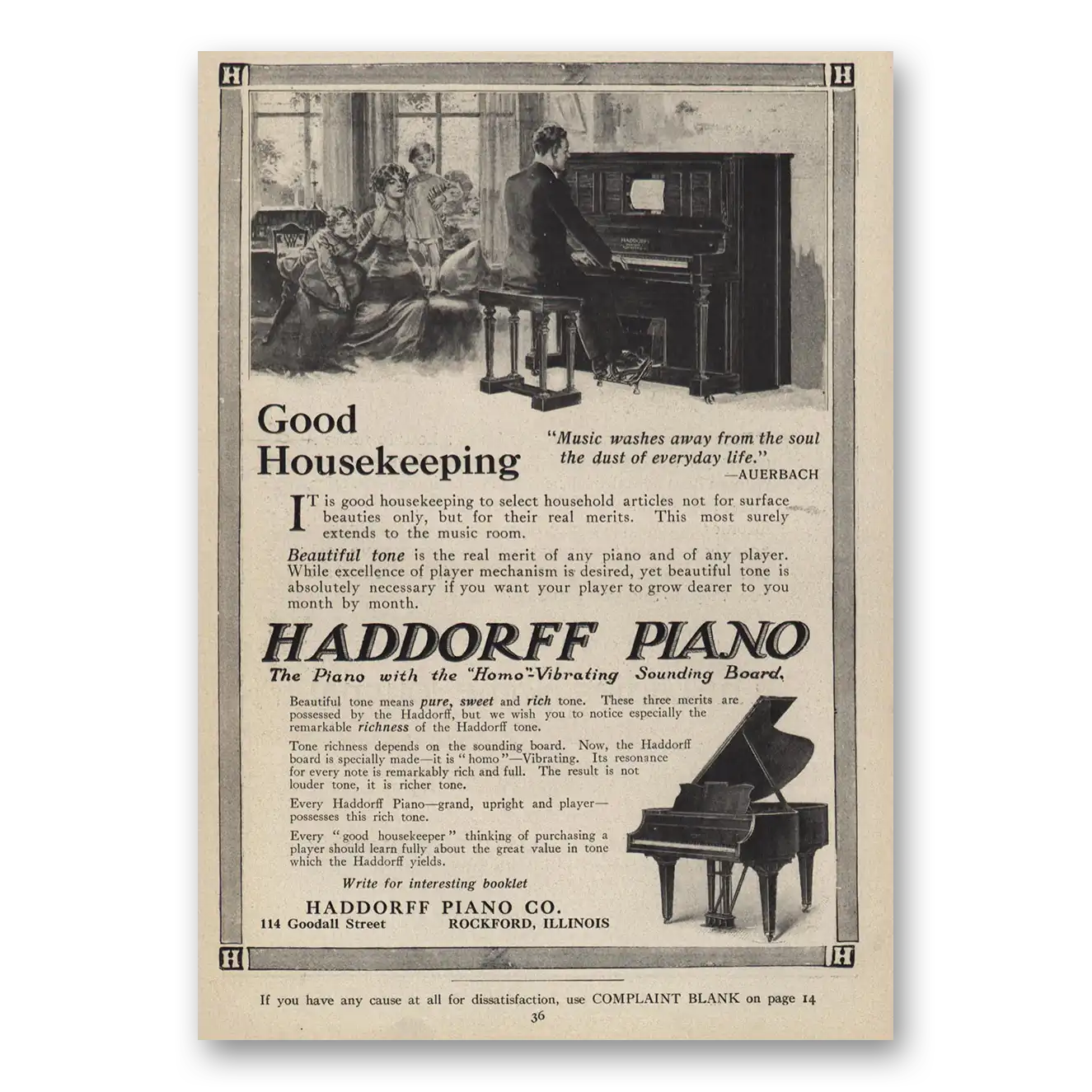 1914 Haddorff Piano Music Washes Away from the Soul Vintage Magazine Print Ad