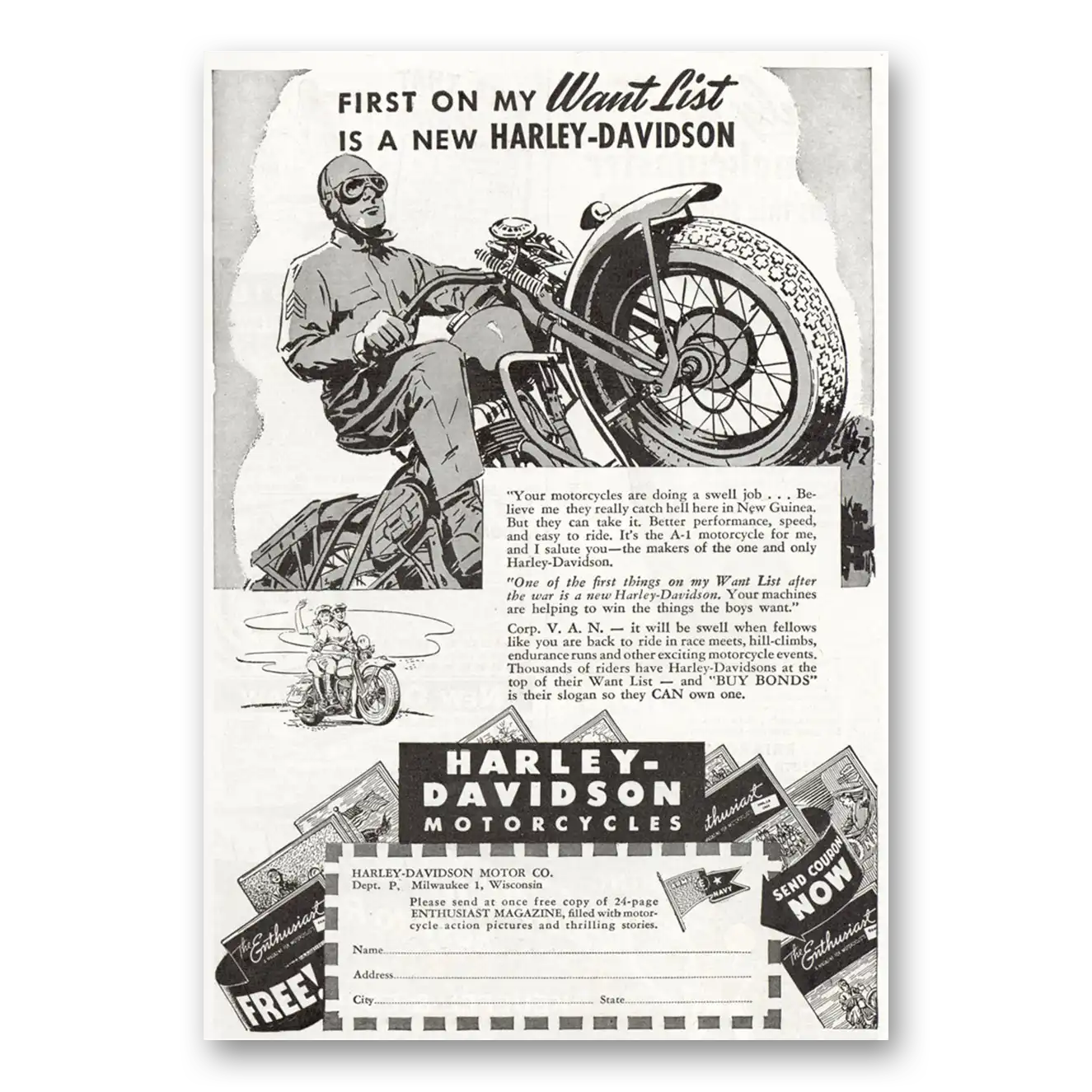 1944 Harley Davidson First On My Want List Vintage Magazine Print Ad