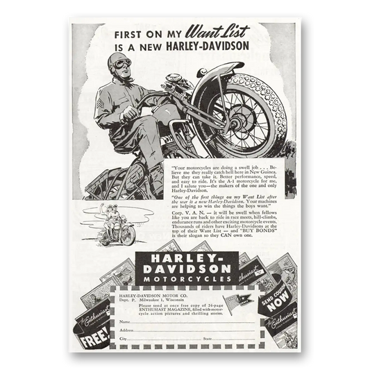 1944 Harley Davidson First On My Want List Vintage Magazine Print Ad