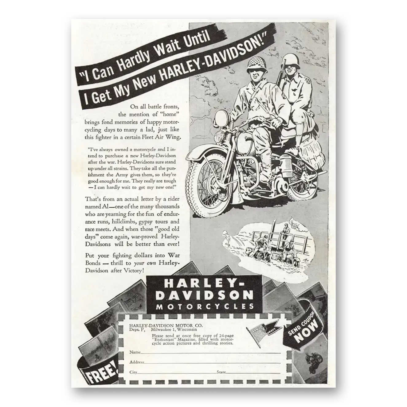 1944 Harley Davidson I Can Hardly Wait Until I Get My New Vintage Magazine Print Ad