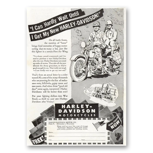 1944 Harley Davidson I Can Hardly Wait Until I Get My New Vintage Magazine Print Ad