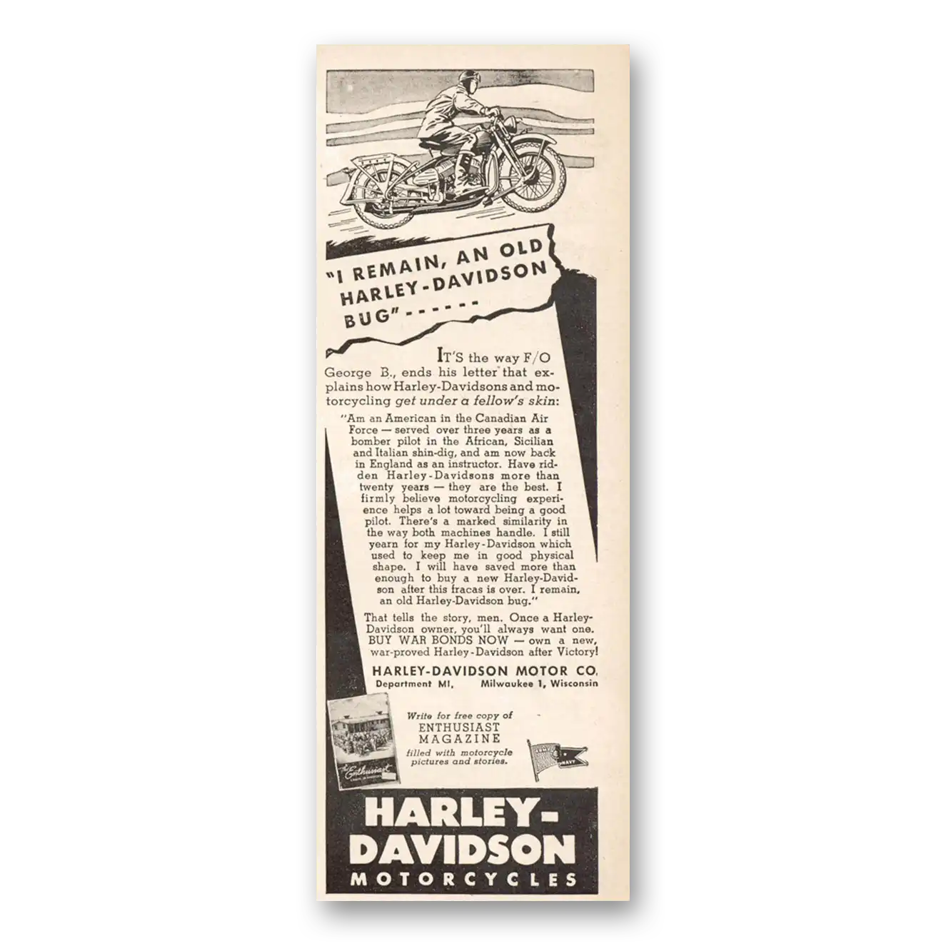 1944 Harley Davidson I Remain an Old Bug Vintage Magazine Print Ad