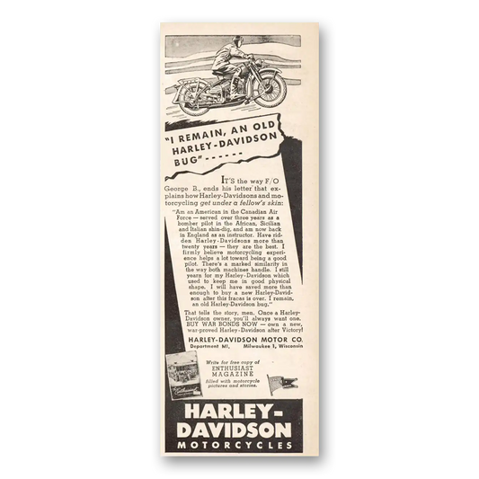 1944 Harley Davidson I Remain an Old Bug Vintage Magazine Print Ad