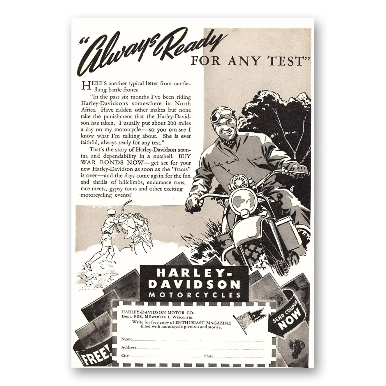 1944 Harley Davidson Always Ready For Any Test Vintage Magazine Print Ad