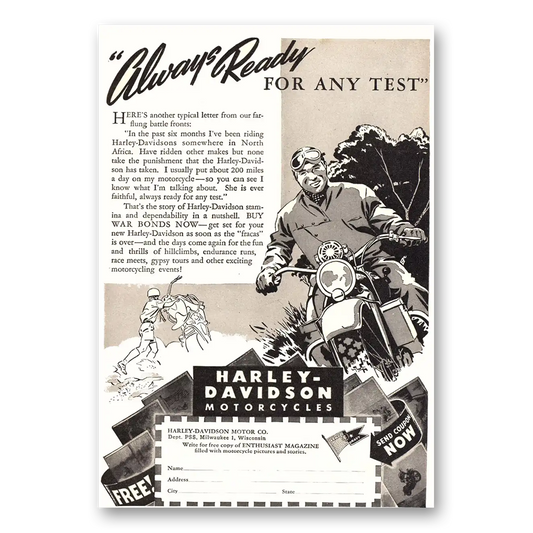 1944 Harley Davidson Always Ready For Any Test Vintage Magazine Print Ad