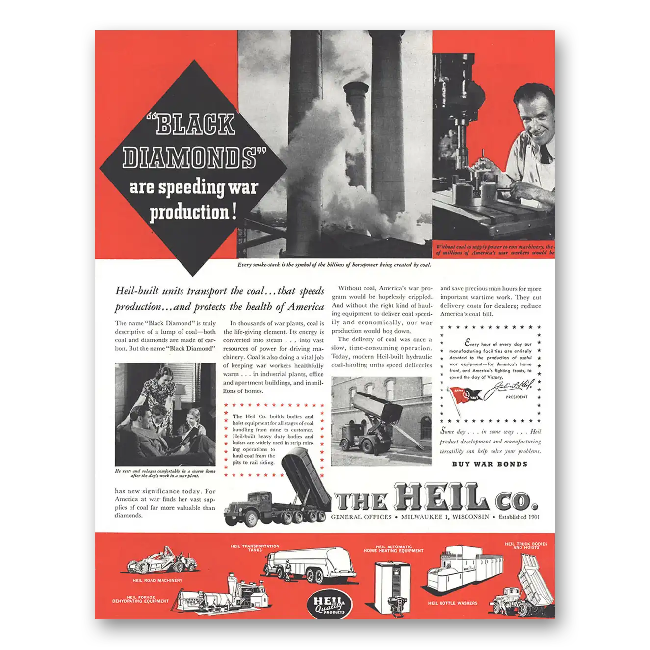 1944 Heil Co Black Diamonds Are Speeding War Production Vintage Magazine Print Ad