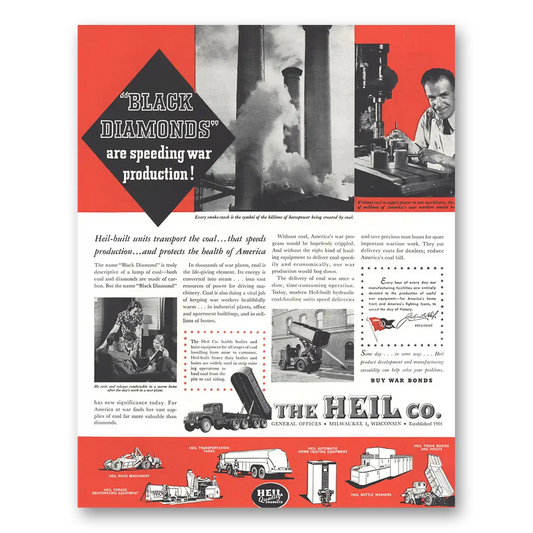 1944 Heil Co Black Diamonds Are Speeding War Production Vintage Magazine Print Ad