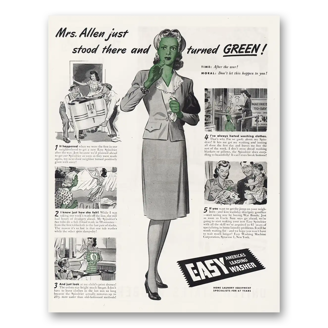 1944 Easy Washing Machine Mrs Allen Stood There and Turned Green Vintage Magazine Print Ad