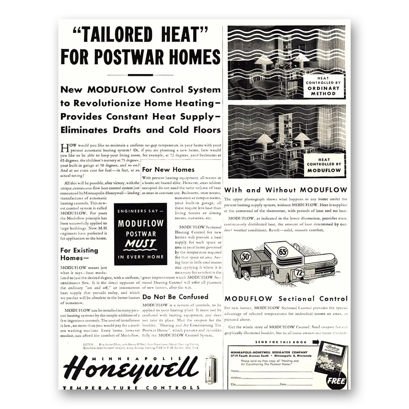 1944 Minneapolis Honeywell Tailored Heat for Postwar Homes Vintage Magazine Print Ad