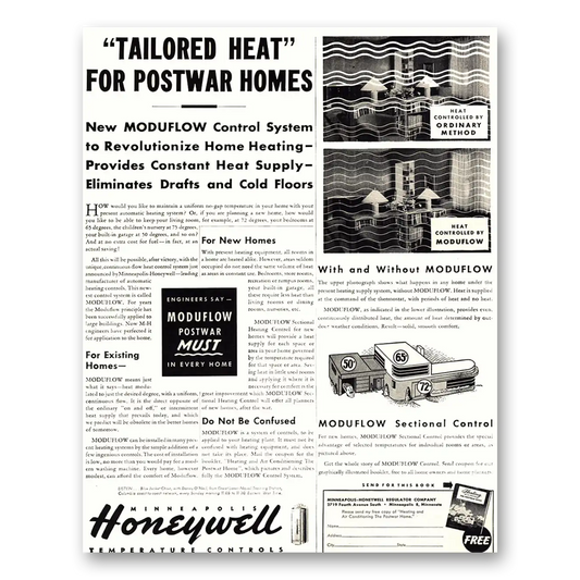 1944 Minneapolis Honeywell Tailored Heat for Postwar Homes Vintage Magazine Print Ad