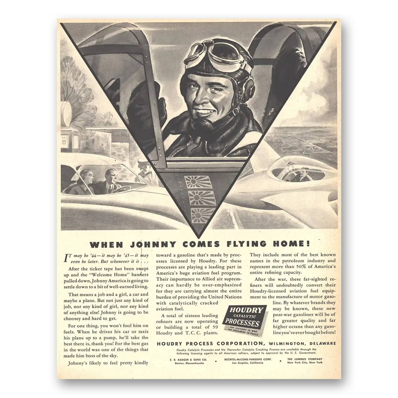 1944 Houdry Process When Johnny Comes Flying Home Vintage Magazine Print Ad