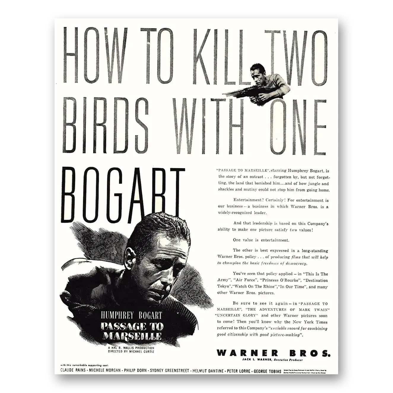 1944 How to Kill Two Birds With One Movie Promo Humphrey Bogart Vintage Magazine Print Ad