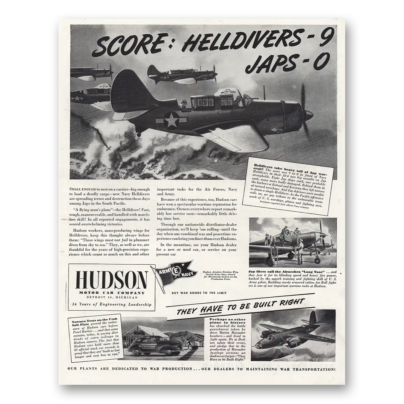 1944 Hudson Motor Car Score Helldivers Japs Vintage Magazine Print Ad