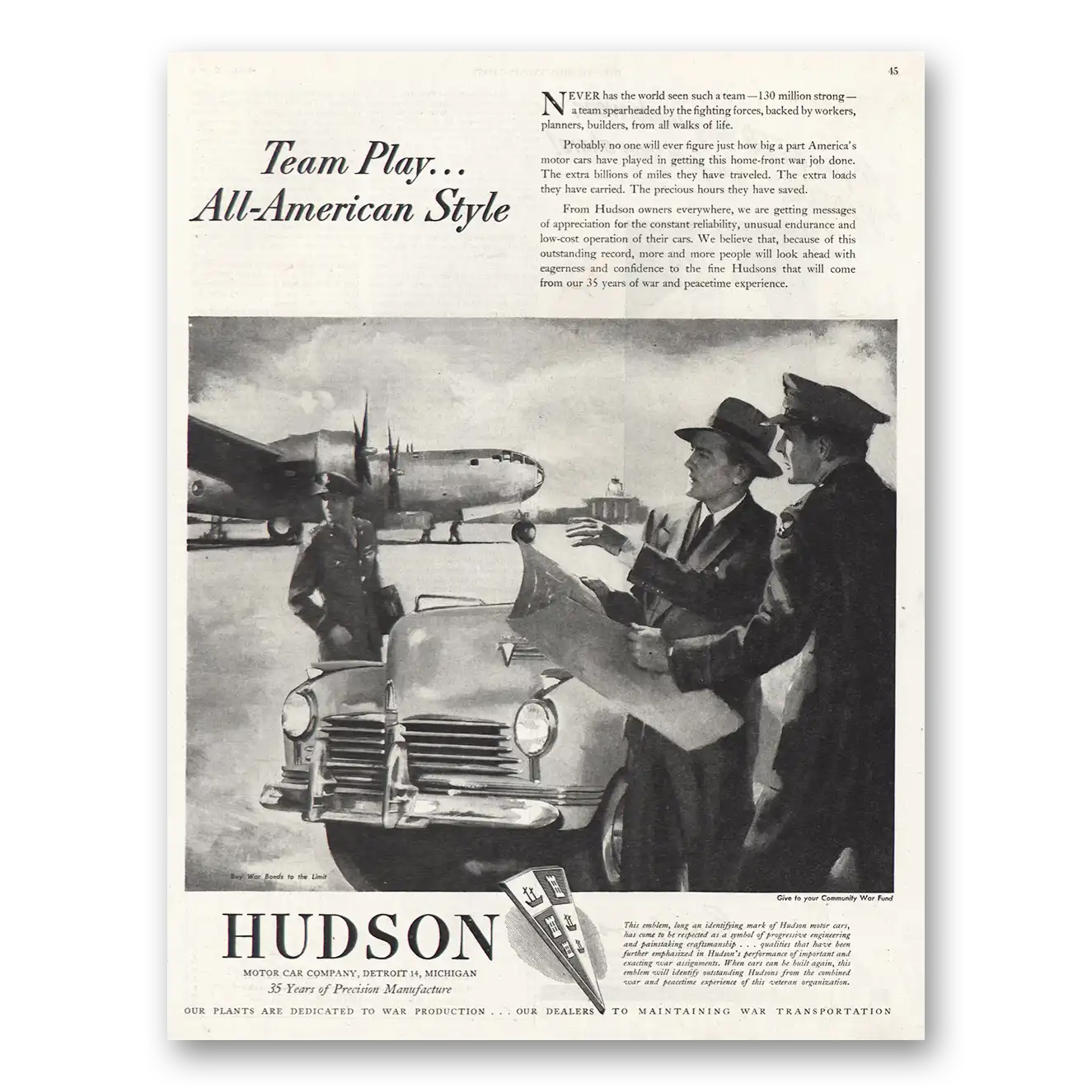 1944 Hudson Motor Car Team Play American Style Vintage Magazine Print Ad