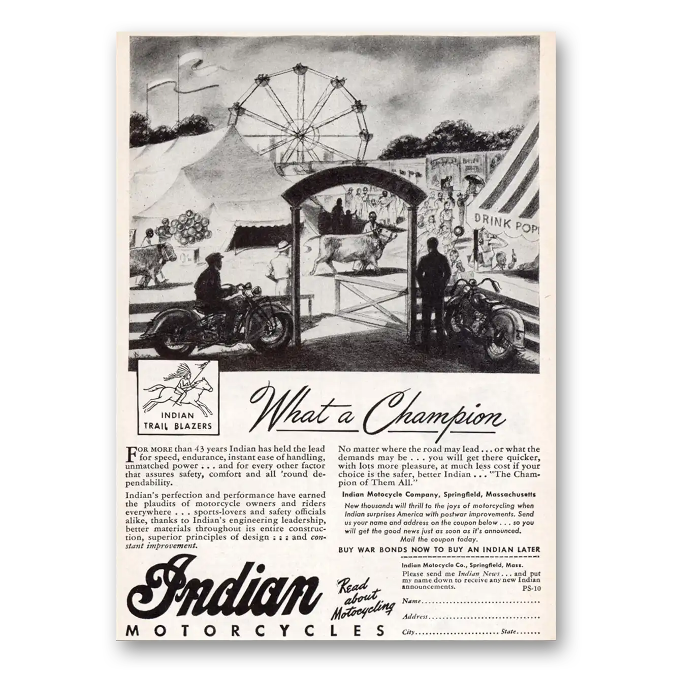 1944 Indian Motorcycle What a Champion Vintage Magazine Print Ad