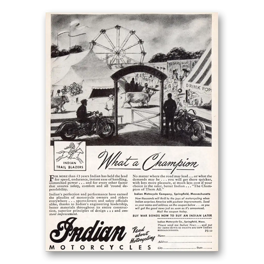 1944 Indian Motorcycle What a Champion Vintage Magazine Print Ad