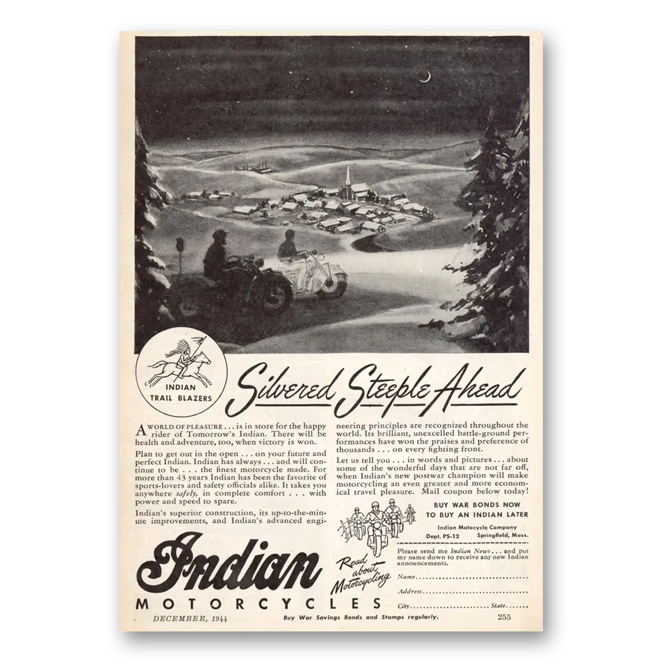 1944 Indian Motorcycle Silvered Steeple Ahead Vintage Magazine Print Ad