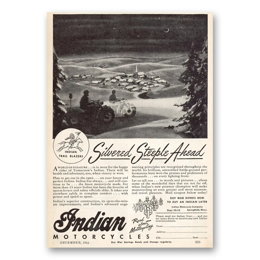 1944 Indian Motorcycle Silvered Steeple Ahead Vintage Magazine Print Ad