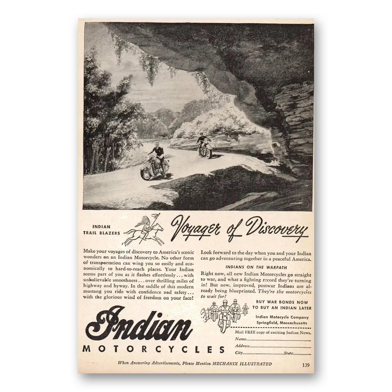 1944 Indian Motorcycle Voyager of Discovery Vintage Magazine Print Ad