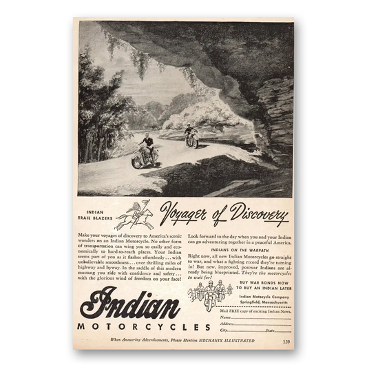 1944 Indian Motorcycle Voyager of Discovery Vintage Magazine Print Ad