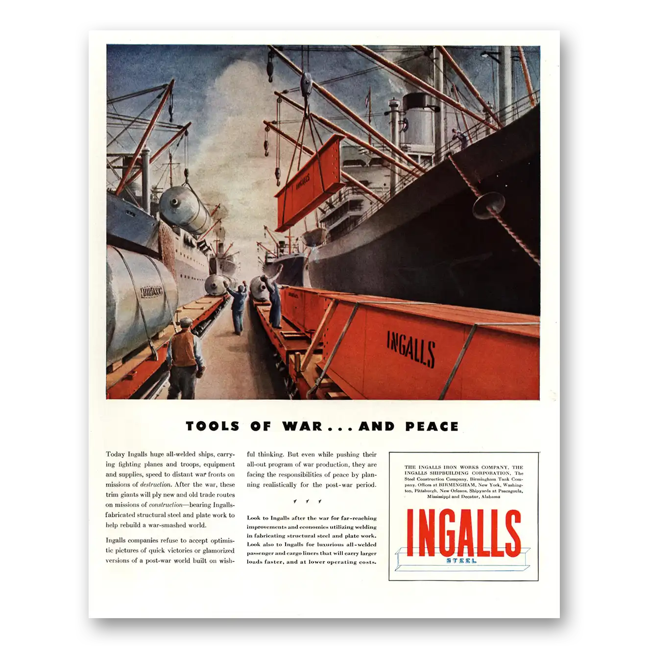 1944 Ingalls Steel Tools of War and Peace Vintage Magazine Print Ad