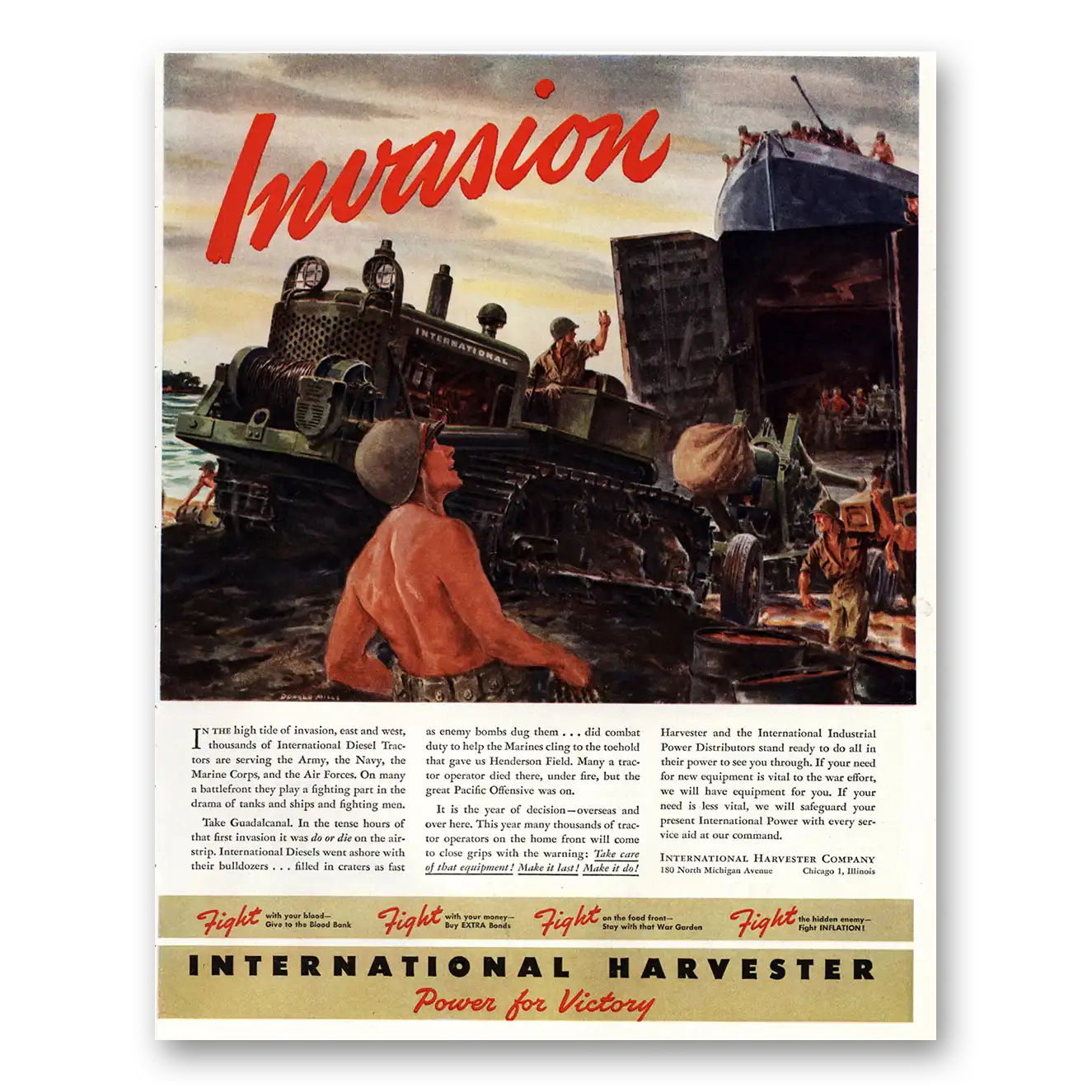 1944 International Harvester Industrial Invasion Diesel Tractors Vintage Magazine Print Ad