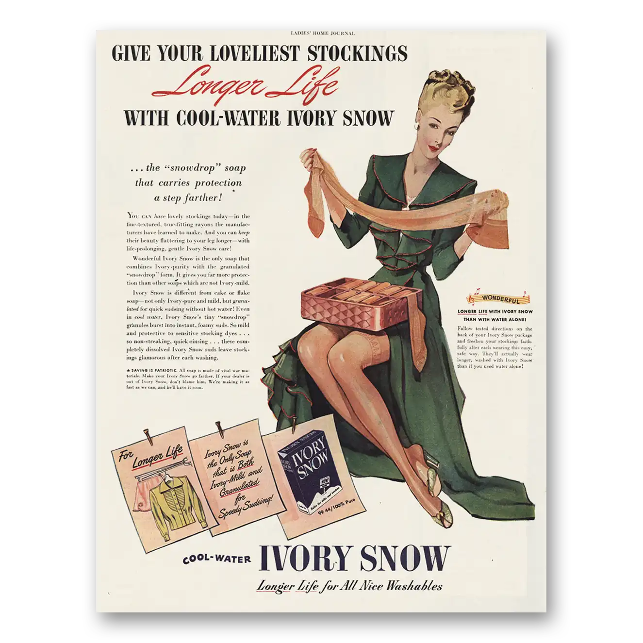 1944 Ivory Snow Loveliest Stockings Longer Life Vintage Magazine Print Ad