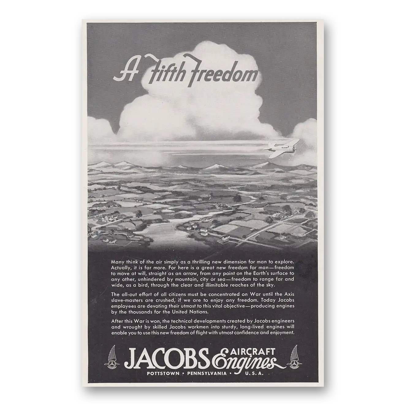 1944 Jacobs Aircraft Engines Fifth Freedom Vintage Magazine Print Ad