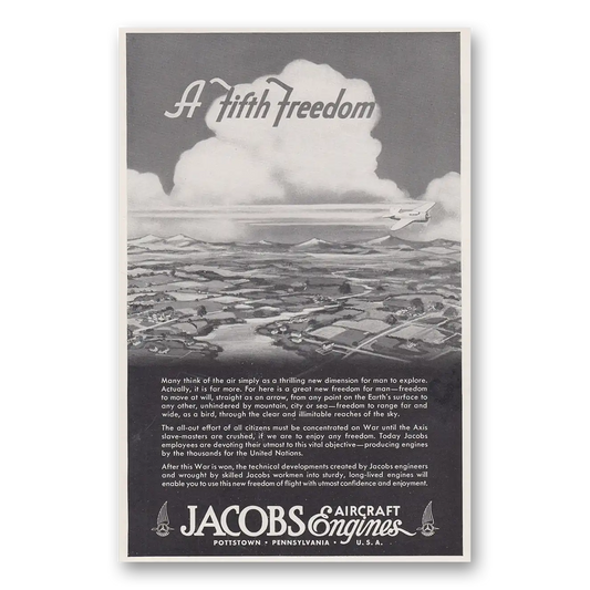 1944 Jacobs Aircraft Engines Fifth Freedom Vintage Magazine Print Ad