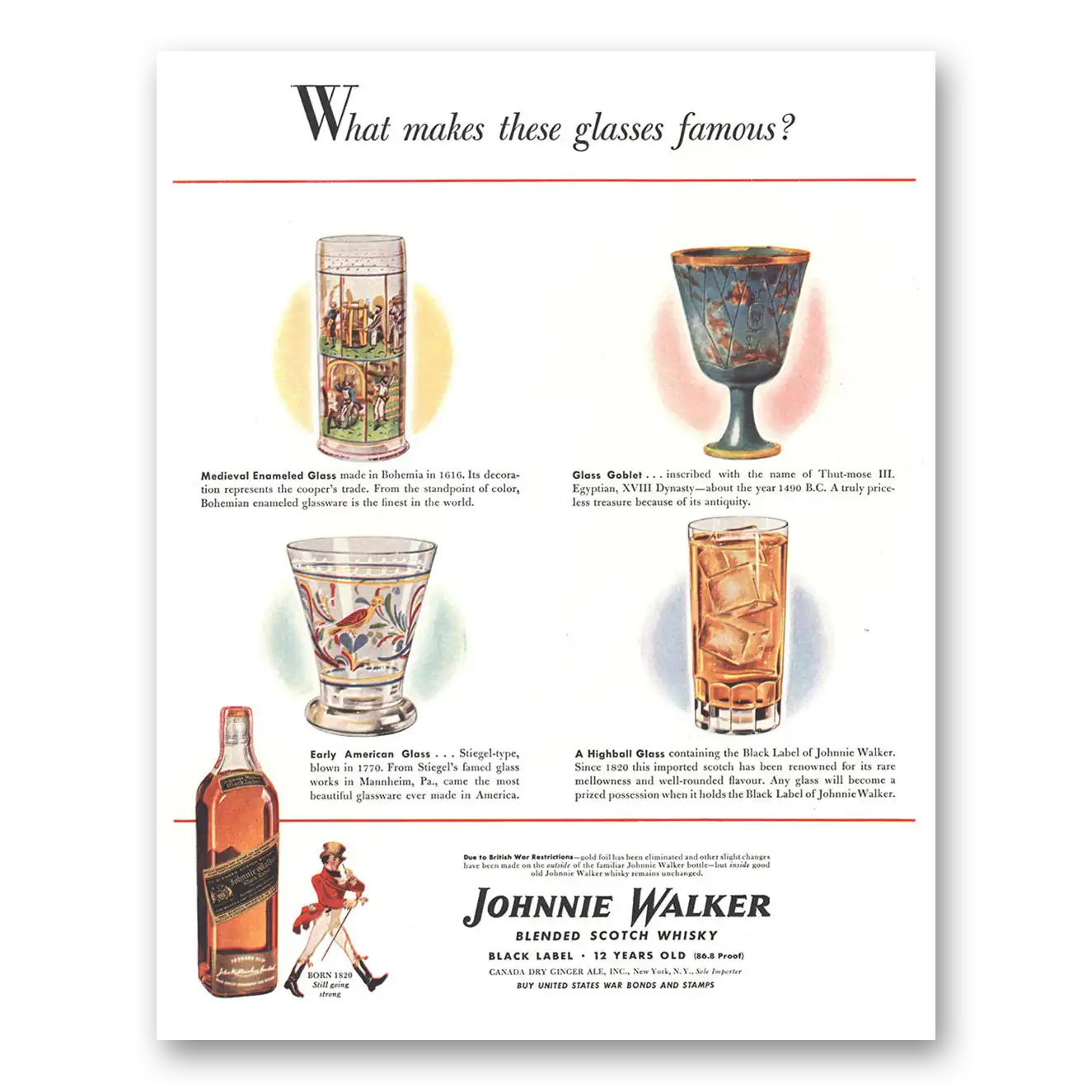 1944 Johnnie Walker Black Label What Makes These Glasses Famous Vintage Magazine Print Ad