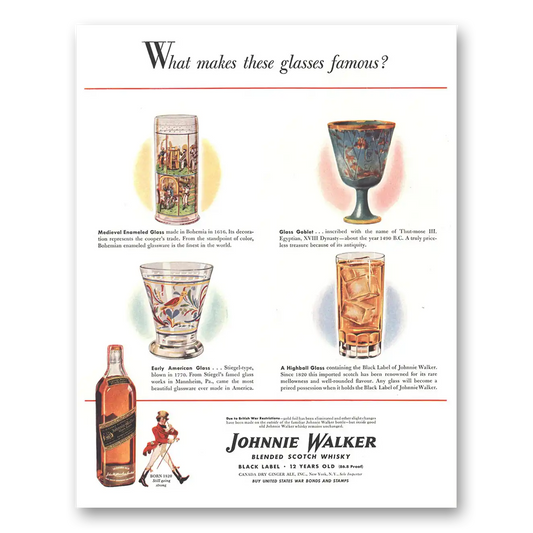 1944 Johnnie Walker Black Label What Makes These Glasses Famous Vintage Magazine Print Ad