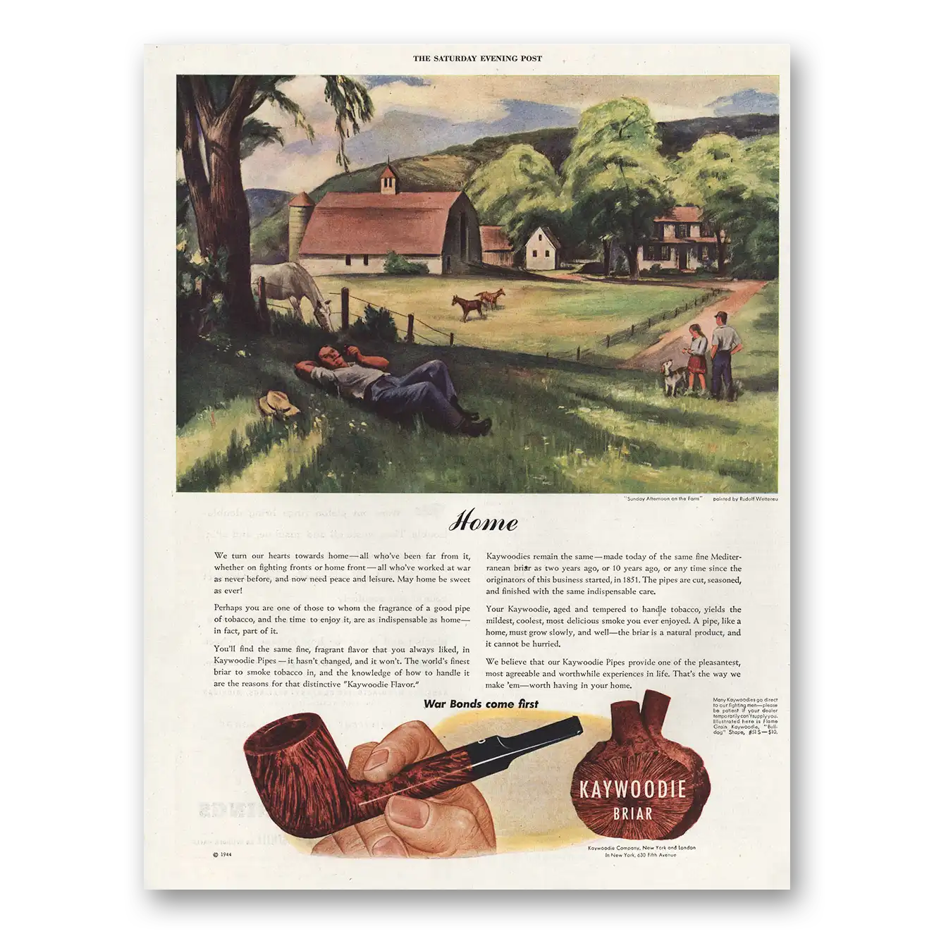 1944 Kaywoodie Sunday Afternoon On Farm Vintage Magazine Print Ad