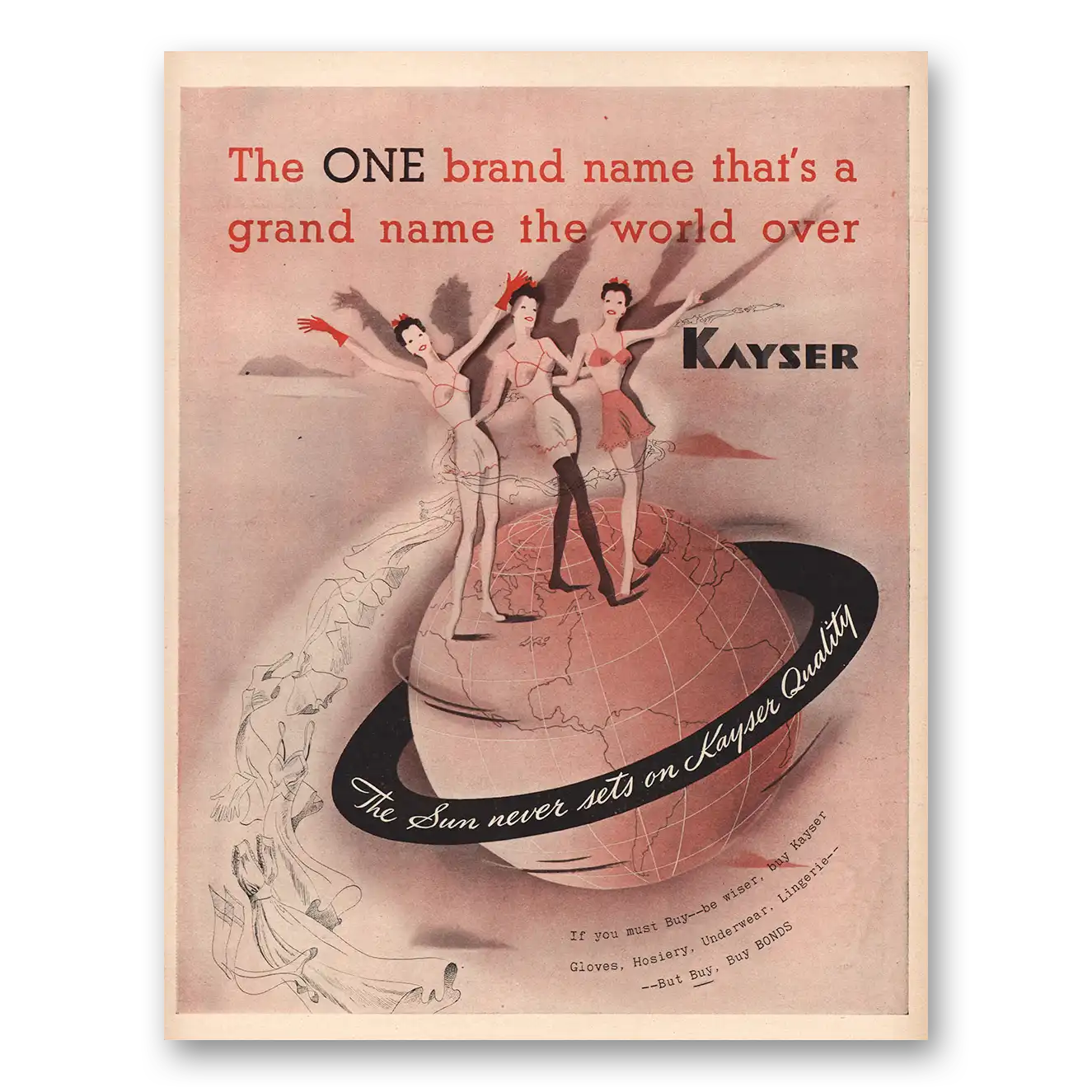 1944 Kayser Hosiery Grand Name World Over Vintage Magazine Print Ad