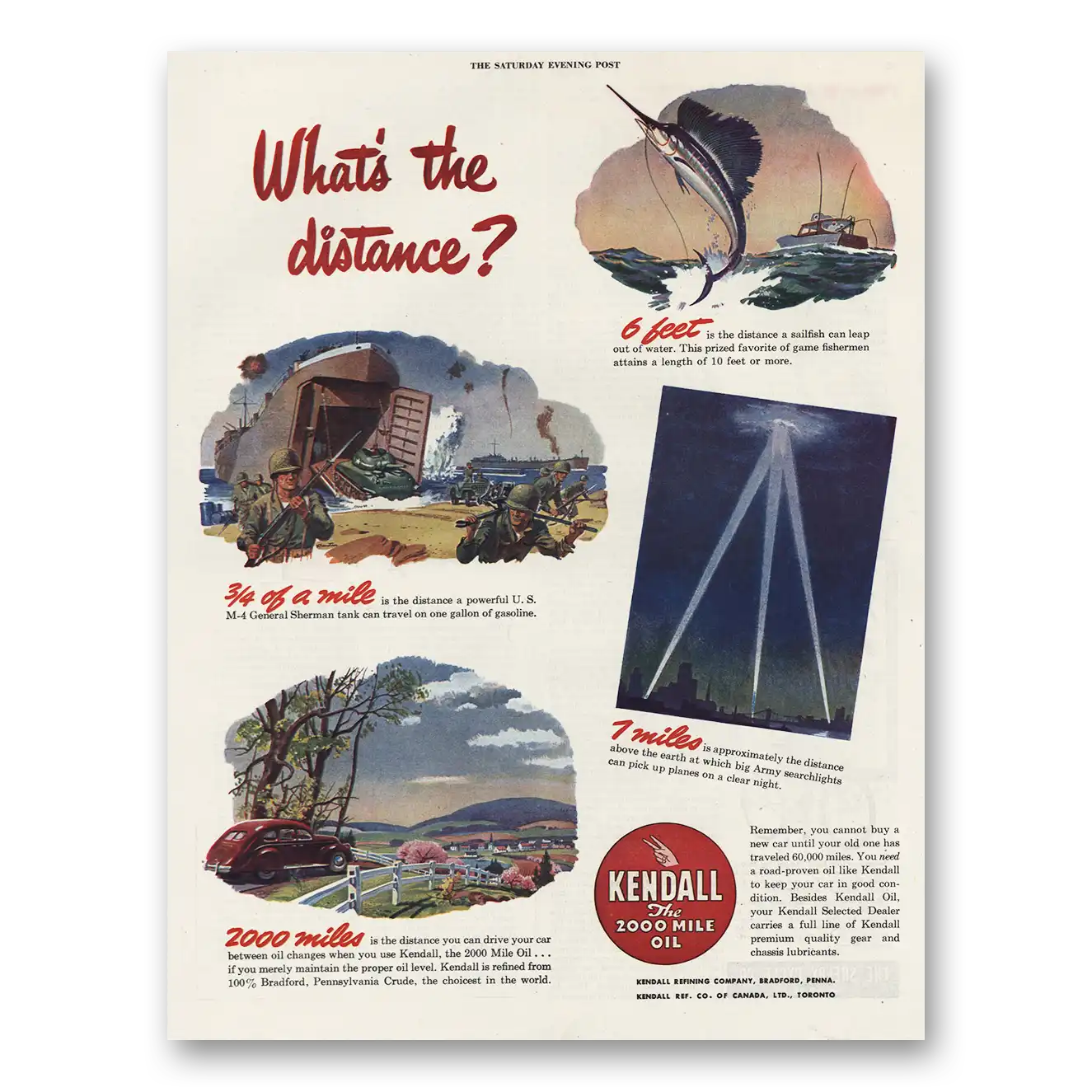 1944 Kendall Motor Oils Whats the Distance Vintage Magazine Print Ad