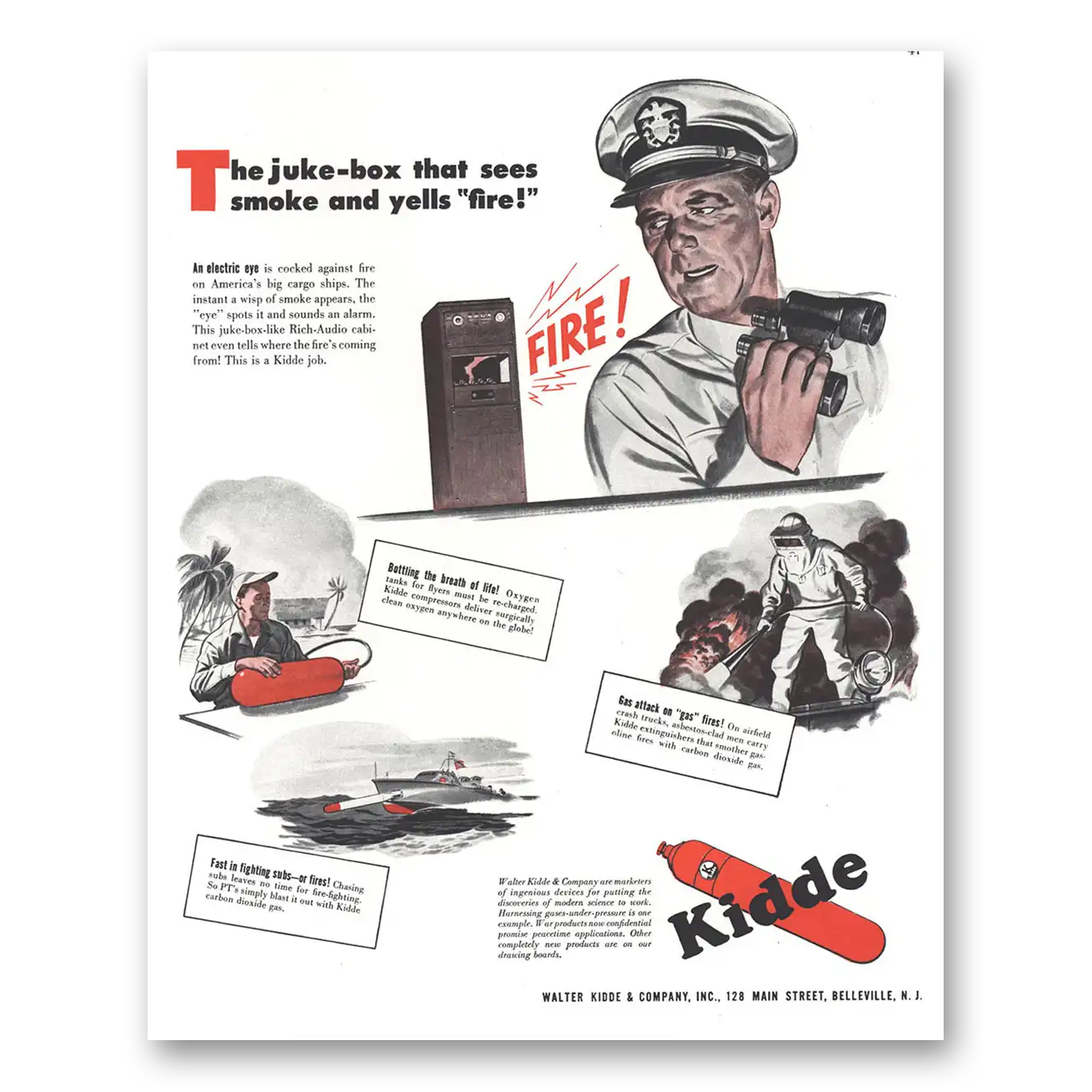 1944 Walter Kidde Fire Extinguisher Juke Box That Sees Smoke and Yells Fire Vintage Magazine Print Ad